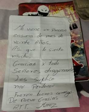 Carta que habría dejado Muñoz tras escaparse. FOTO CORTESÍA Carta que habría dejado Muñoz tras escaparse. FOTO CORTESÍA