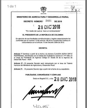 Imagen del decreto presidencial con el nombramiento. Imagen del decreto presidencial con el nombramiento.