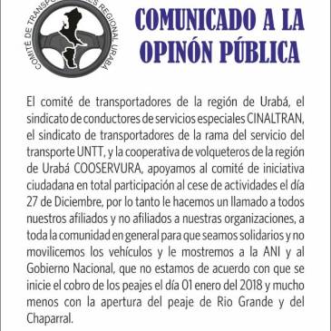 Comunicado del Comité de Transportadores Regional Urabá. Comunicado del Comité de Transportadores Regional Urabá.