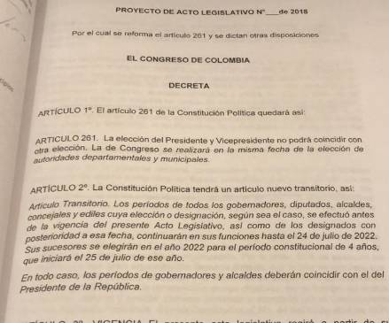 FacsÃ­mil del proyecto de Acto Legislativo 105 de 208, que ampliarÃ­a el periodo de los actuales gobernantes locales, incluidos concejales y diputados. 