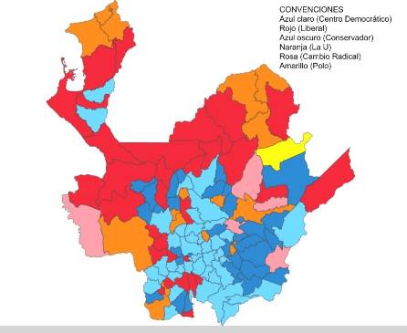 Así quedó distribuido el mapa electoral al Senado en Antioquia (los colores representan al partido más votado en cada municipio) luego de las elecciones. MAPA REGISTRADURÍA NACIONAL Así quedó distribuido el mapa electoral al Senado en Antioquia (los colores representan al partido más votado en cada municipio) luego de las elecciones. MAPA REGISTRADURÍA NACIONAL