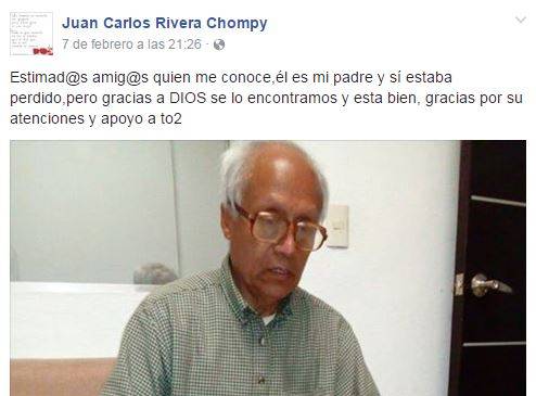 El mensaje familiar confirmó que el hombre ya está en su casa. Foto Facebook. El mensaje familiar confirmó que el hombre ya está en su casa. Foto Facebook.