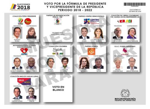 Este es el tarjetón definitivo para las elecciones presidenciales de Colombia