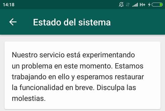 Mensaje de estado del sistema que muestra Whatsapp este 31 de diciembre. Foto captura. Mensaje de estado del sistema que muestra Whatsapp este 31 de diciembre. Foto captura.
