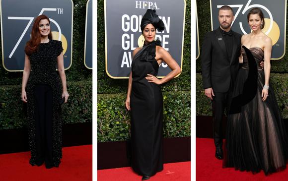 Debra Messing, Tracee Ellis Ross, Justin Timberlake y Jessica Biel. FOTOS AFP Debra Messing, Tracee Ellis Ross, Justin Timberlake y Jessica Biel. FOTOS AFP