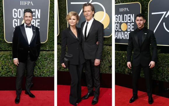 James Franco, Kevin Bacon con Kyra Sedgwick y Nick Jonas. FOTOS AFP James Franco, Kevin Bacon con Kyra Sedgwick y Nick Jonas. FOTOS AFP