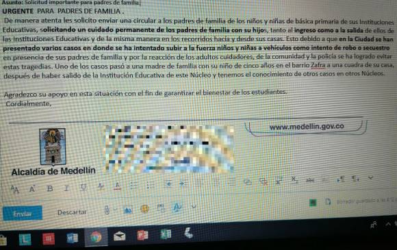 Este es el correo que alertaba sobre la situación. FOTO CORTESÍA Este es el correo que alertaba sobre la situación. FOTO CORTESÍA