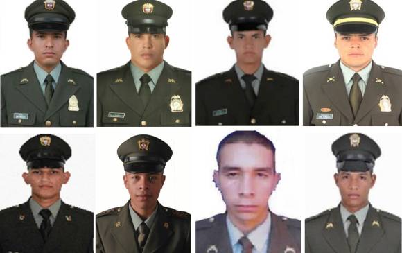 <p>De izq. a der., en la parte superior los patrulleros: Jhon Jairo González Cardona, Darlin Rodríguez Sarabia, Jorge Pacheco Solano y Fabio Sarmiento Sarmiento.</p><p>En la parte inferior: José Alejandro Sade Ballesteros, Giovanny Rodríguez Castaño, Never Alfonso Sierra Franco y José David Pérez Hernández.</p> <p>De izq. a der., en la parte superior los patrulleros: Jhon Jairo González Cardona, Darlin Rodríguez Sarabia, Jorge Pacheco Solano y Fabio Sarmiento Sarmiento.</p><p>En la parte inferior: José Alejandro Sade Ballesteros, Giovanny Rodríguez Castaño, Never Alfonso Sierra Franco y José David Pérez Hernández.</p>