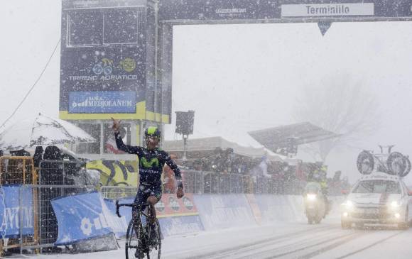 El ciclista boyacense Nairo Quintana terminó de primero en la quinta etapa de la Tirreno-Adriático, colocándose primero en la general. FOTO AP