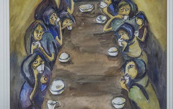 La cena de los mendigos estaba en la sala de arte Débora Arango de la Casa de la Cultura de Envigado. Fue trasladado a la oficina del alcalde para los trabajos de restauración de aquella.