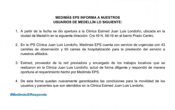 Este fue el comunicado emitido por la entidad de salud. Este fue el comunicado emitido por la entidad de salud.