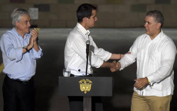 Sebastián Piñera, presidente de Chile; Juan Guaidó, presidente interino de Venezuela; e Iván Duque, presidente de Colombia. FOTO: AFP Sebastián Piñera, presidente de Chile; Juan Guaidó, presidente interino de Venezuela; e Iván Duque, presidente de Colombia. FOTO: AFP