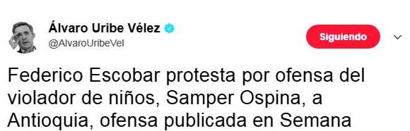 Publicación de Uribe el 14 de julio a las 12:55 p.m. FOTO Twitter Publicación de Uribe el 14 de julio a las 12:55 p.m. FOTO Twitter