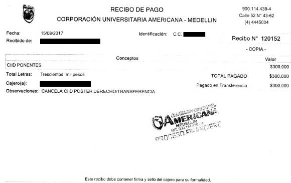 Este es el recibo de caja del congreso al que asistió Pablo Gutiérrez. Este es el recibo de caja del congreso al que asistió Pablo Gutiérrez.
