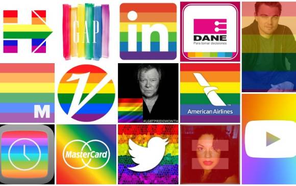 Imágenes del cambio de logo de la cuenta en twitter de Hillary Clinton, Gap, Linked in, el Dane, Leonardo DiCaprio, Mashable, Variety, el actor William Shatner, American Airlines, YouTube, Pebble, MasterCard, Twitter y la actriz Sara Ramírez.