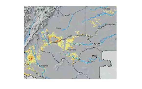 Densidad de cultivos de coca en el departamento de Guaviare en 2015. IMAGEN INFORME ONU Densidad de cultivos de coca en el departamento de Guaviare en 2015. IMAGEN INFORME ONU