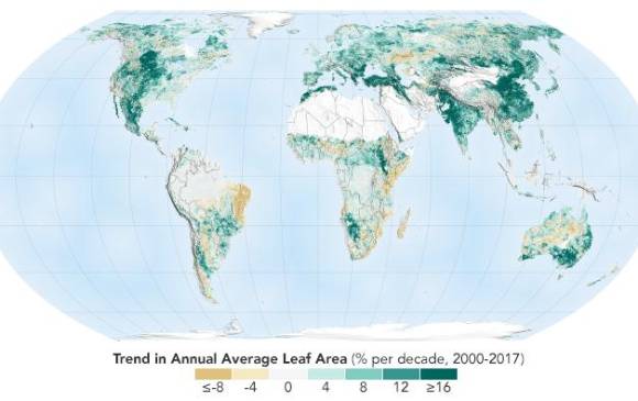 Promedio anual de área verde en el mundo, desde 2000 hasta 2017. Foto: Nasa Promedio anual de área verde en el mundo, desde 2000 hasta 2017. Foto: Nasa