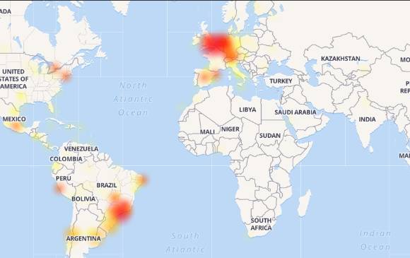 Mapa de las ubicaciones que más presentan fallas con el sistema de mensajería. FOTO downdetector.com Mapa de las ubicaciones que más presentan fallas con el sistema de mensajería. FOTO downdetector.com