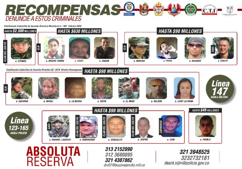 Los delincuentes del Eln disidencias de Farc Clan del Golfo más buscados en Antioquia Córdoba y Chocó $!Los delincuentes del Eln disidencias de Farc Clan del Golfo más buscados en Antioquia Córdoba y Chocó