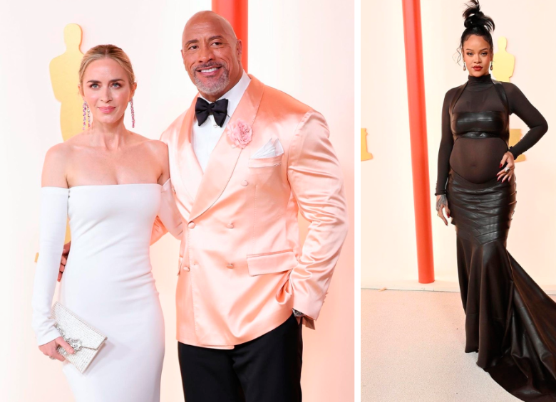 Emily Blunt, La Roca y Rihanna en la gala de los Óscar. FOTOS Cortesía E! Entertainment @EOnlineLatino