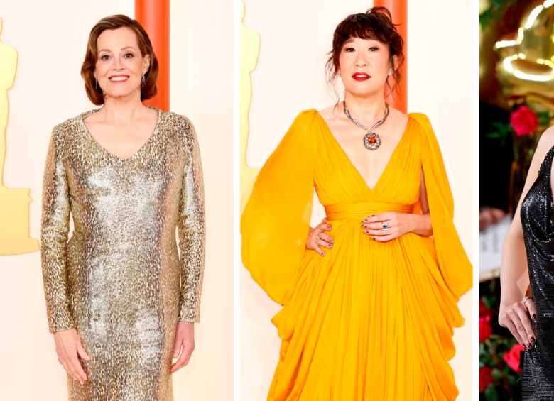 Detalles de los trajes de Sigourney Weaver, Sandra Oh y Elizabeth Olsen. FOTOS Cortesía E! Entertainment @EOnlineLatino