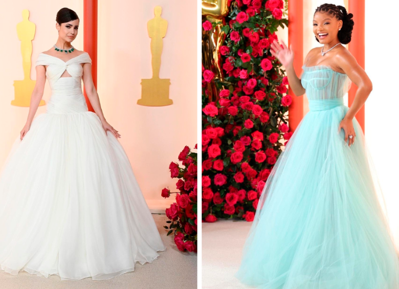Vestidas como princesas Sofia Carson en Giambattista Valli Couture y Halle Bailey en Dolce & Gabbana. FOTOS Cortesía E! Entertainment @EOnlineLatino