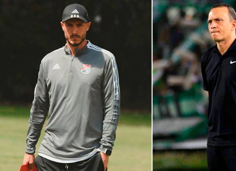 El técnico del DIM, David González, y el del Pereira, Alejandro Restrepo. FOTOS COLPRENSA 