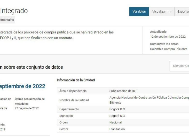 En el portal de datos abiertos del gobierno, la información sobre contratación pública se encuentra desactualizada desde el 12 de septiembre de 2022. Foto: captura de pantalla de datos.gov.co