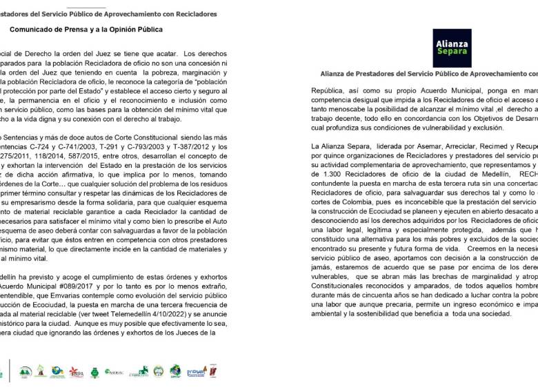 Gremio de recicladores rechazó creación de tercera ruta para recoger material reciclable
