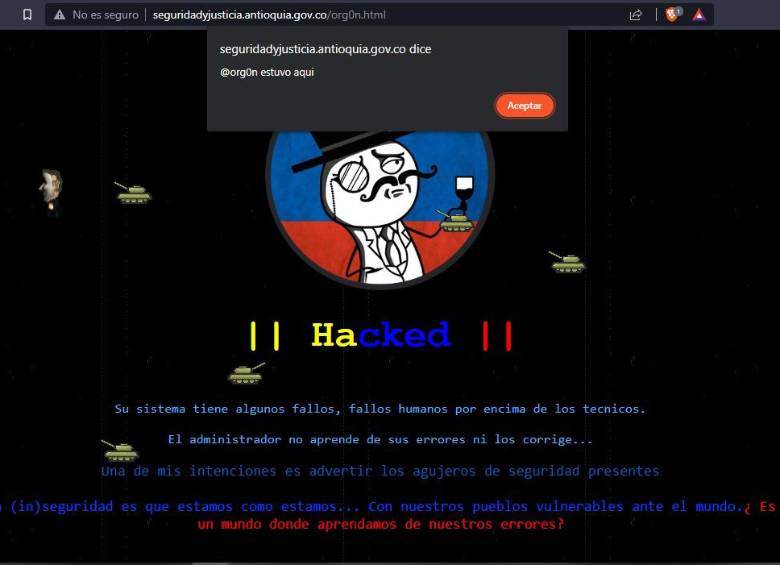 A veces, deja algún mensaje al administrador sobre el error que se presentá en la página web, está también es de la Gobernación de Antioquia, pero como no hay una respuesta. Cambia el aspecto visual en alguna sección con el mensaje de “Org0n estuvo aquí” Foto: Captura de pantalla