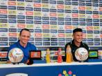 Alejandro Restrepo y Jhonny Vásquez del Deportivo Pereira en la rueda de prensa previa a la final ante el DIM en el Atanasio. FOTO CORTESIA PEREIRA 