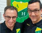 Michel Deller junto al nuevo presidente del club opita, Maruan David Issa. FOTO CORTESÍA ATLÉTICO HUILA