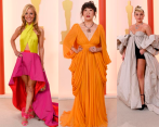 La deportista Lesley Paterson (izquierda), la actriz Sandra Oh (centro) y Florence Pugh (derecha) fueron algunas celebridades que quedaron en la lista de los peores looks de los Premios Óscar 2023. FOTOS: Redes sociales