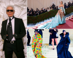 Karl Lagerfeld a la izquierda. A la derecha, algunos diseños de galas anteriores. FOTOS Getty