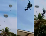 La Fuerza Aérea de talló que los cuatro paracaidistas estaban realizando actividades de entrenamiento militar pero fueron arrastrados por fuertes ráfagas de viento. FOTO CAPTURA DE VIDEO 