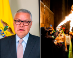 Feministas prendieron fuego en una zona de la Catedral Primada de Bogotá el miércoles, pero la Policía no intervino en la escena; un día después el ministro Osuna propuso despenalizar el terrorismo y el concierto para delinquir en el marco de la protesta social. FOTO COLPRENSA
