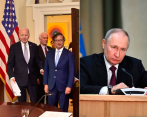 En la primera imagen el presidente Gustavo Petro en su visita a la Casa Blanca este 20 de abril; y el presidente de Rusia, Vladimir Putin, quien ordenó la invasión en Ucrania. FOTO CORTESÍA Y AFP