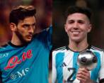 Khvicha Kvaratskhelia, del Napoli (izq.); y Enzo Fernández, del Chelsea (der.), aumentaron su valor de mercado 70 millones de dólares esta temporada. FOTO Twitter @sscnapoli y Juan Antonio Sánchez