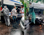 Una buseta de servicio público y un vehículo transportador de alimentos chocaron de frente. FOTOS: TOMADA DE TWITTER @LaIndependenci1