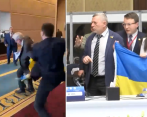 Oleksandr Marikovsky diputado de Ucrania y Valery Stavitsky delegado ruso, se fueron a los golpes en Turquía. FOTO: Captura de pantalla vídeo @MundoEConflicto y @anadoluagency