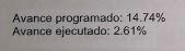 Documento en el que la administración indica que la obra para septiembre tenía solo un avance ejecutado de l2.61%. FOTO: Cortesía