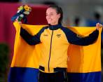 La colombiana pudo arribar tranquila a la meta, a 25 segundos de la ganadora del oro. El bronce fue para la china Hong Liu. Foto: AFP