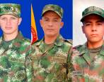Los soldados secuestrados en Norte de Santander Dayán Leonardo Dávila, Jeison Martínez Tapias y Huver Fabián Chogo. Fotos: Cortesía.