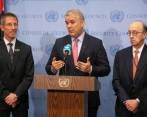 El presidente Iván Duque intervino ante el Consejo de Seguridad junto con Emilio Archila, consejero de Estabilización (izquierda), y del embajador ante la ONU, Guillermo Fernández de Soto. FOTO EFE