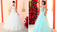 Vestidas como princesas Sofia Carson en Giambattista Valli Couture y Halle Bailey en Dolce & Gabbana. FOTOS Cortesía E! Entertainment @EOnlineLatino