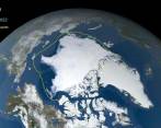Extensión mínima del hielo ártico en 2022 con la línea correspondiente a la extensión mínima entre 1981 y 2010. FOTO Colprensa, Nasa’s Scientific Visualization Studio