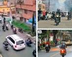 1. En 2018, se presentó una caravana por Manrique por la muerte de un presunto fletero. 2. Así fueron las honras fúnebres de alias “Terror” en el nororiente de Medellín. 3. Los articulados del Metroplús deben sortear las motos que invaden sus carriles en la 45. FOTO Cortesía y Esneyder Gutiérrez