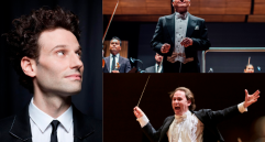 David Greilsammer (izquierda), Robin O’Neill (derecha arriba) y Christian Vásquez (derecha abajo) conforman la terna del director titular de la Filarmónica de Medellín. Foto: cortesía Filarmed, Filarmónica de Medellín y Takafumi Ueno. 