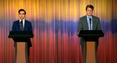 El director del DNP, Luis Alberto Rodríguez (izq.) y el director del Dapre, Víctor Muñoz, presentaron el plan del Gobierno para la reactivación económica. FOTO tomada de YouTube