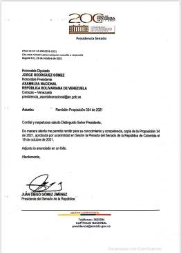 Carta del presidente del Senado enviada a la Asamblea de Venezuela. FOTO: Cortesía.